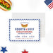 Fourth of July cookout invitation featuring a blue gingham border and a hot dog bun illustration-front
