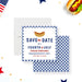 Fourth of July save the date card with blue gingham border and hot dog illustration for summer cookout celebrations-front-back
