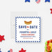 Fourth of July save the date card with blue gingham border and hot dog illustration for summer cookout celebrations-front