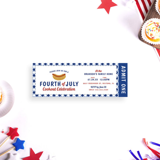 Fourth of July cookout admission ticket invitation with blue gingham border and hot dog illustration