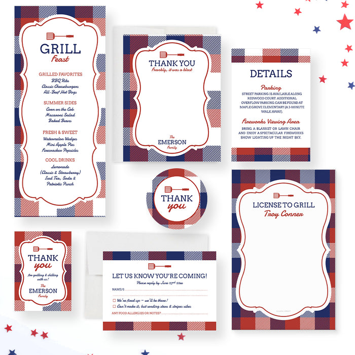 Fourth of July BBQ Invitation Patriotic Plaid Grill Party