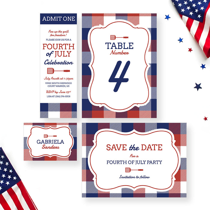 Fourth of July BBQ Invitation Patriotic Plaid Grill Party