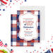 Fourth of July invitation card featuring a classic red, white, and blue plaid pattern with a grill spatula icon-front-back