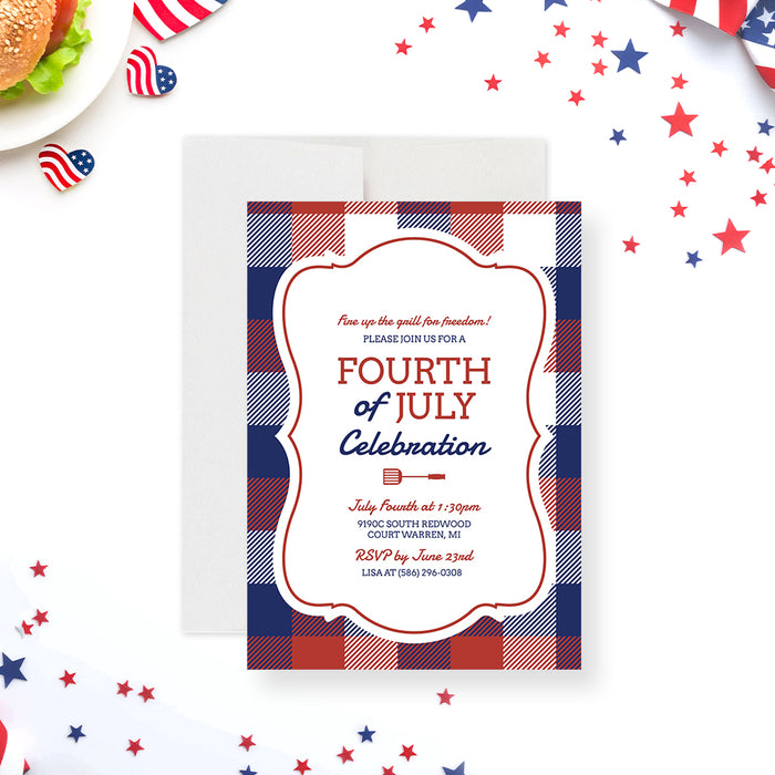 Fourth of July invitation card featuring a classic red, white, and blue plaid pattern with a grill spatula icon-front