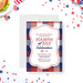 Fourth of July invitation card featuring a classic red, white, and blue plaid pattern with a grill spatula icon-front