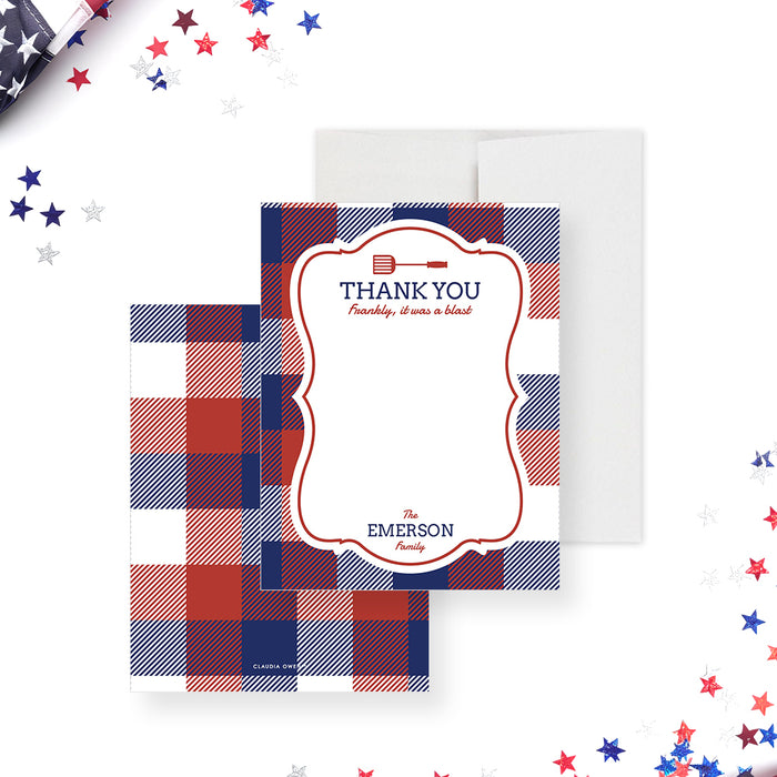 Fourth of July thank-you card with red, white, and blue plaid design, patriotic BBQ cookout appreciation card-front-back