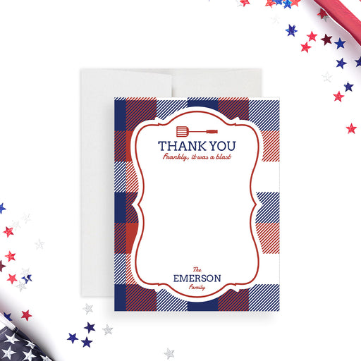 Fourth of July thank-you card with red, white, and blue plaid design, patriotic BBQ cookout appreciation card-front