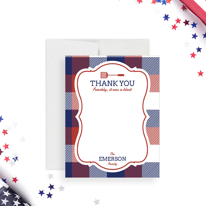 Fourth of July thank-you card with red, white, and blue plaid design, patriotic BBQ cookout appreciation card-front