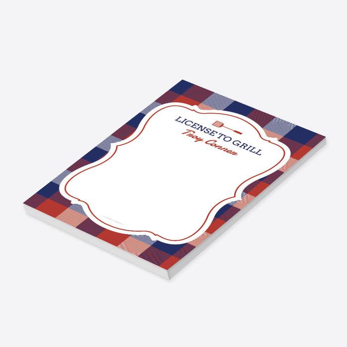 “License to Grill” personalized notepad with a patriotic plaid design and a grill spatula icon-side