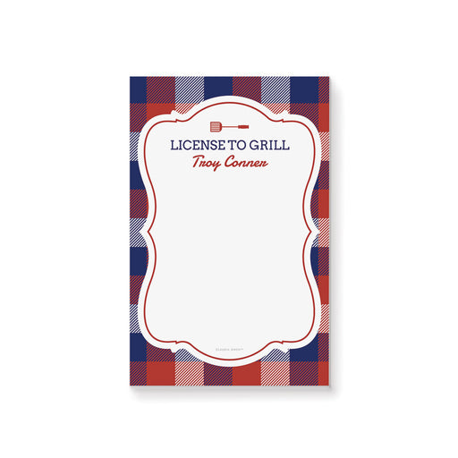 “License to Grill” personalized notepad with a patriotic plaid design and a grill spatula icon