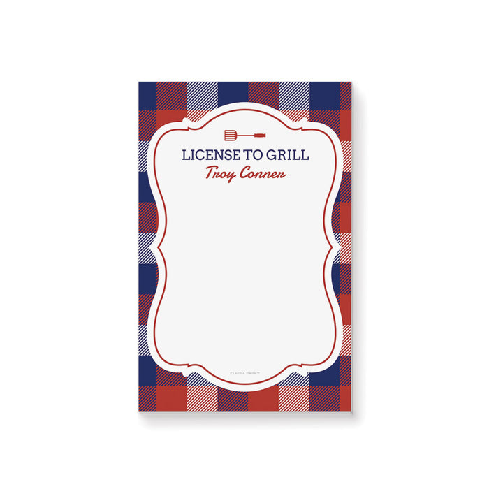“License to Grill” personalized notepad with a patriotic plaid design and a grill spatula icon