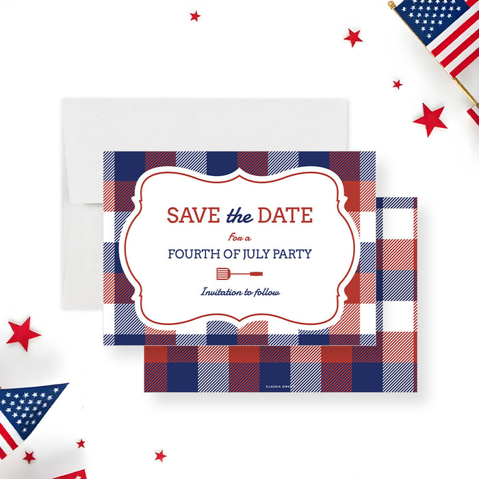 Fourth of July save the date card with red, white, and blue plaid design and grill spatula illustration-front-back