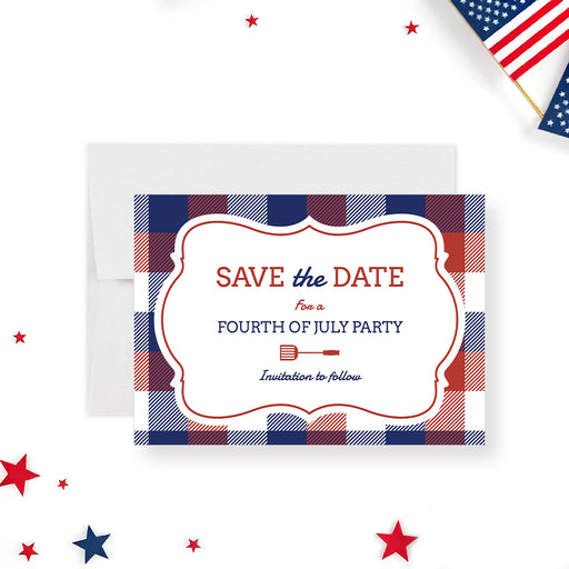 Fourth of July save the date card with red, white, and blue plaid design and grill spatula illustration-front