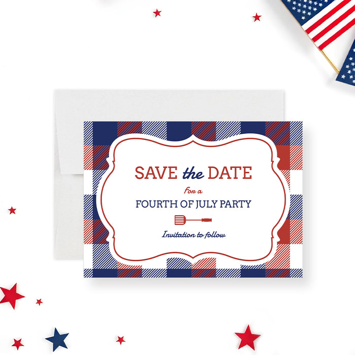 Fourth of July save the date card with red, white, and blue plaid design and grill spatula illustration-front
