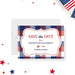 Fourth of July save the date card with red, white, and blue plaid design and grill spatula illustration-front