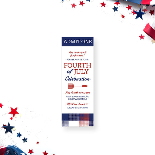 Fourth of July admit-one ticket invitation with a red, white, and blue plaid design, patriotic grill party event entry pass