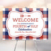 Fourth of July welcome sign with red, white, and blue plaid design and a grill spatula icon