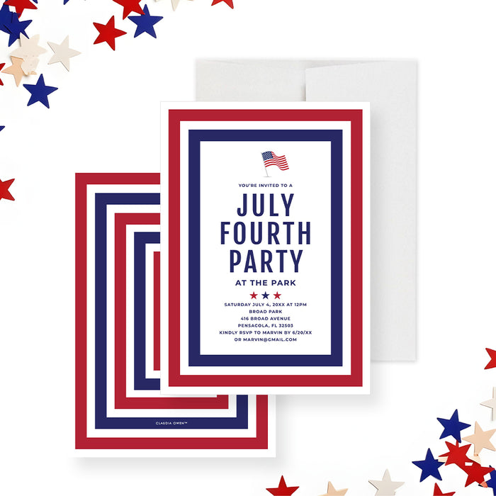 July Fourth party invitation with red, white, and blue border, stars, and American flag-front-back