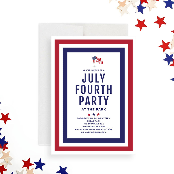 July Fourth party invitation with red, white, and blue border, stars, and American flag-front