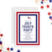 July Fourth party invitation with red, white, and blue border, stars, and American flag-front