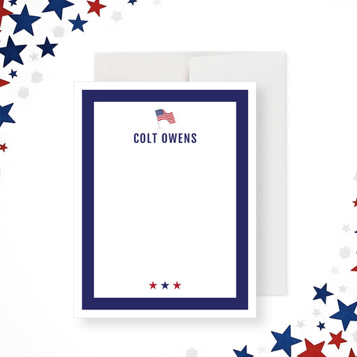 Personalized patriotic note card featuring an American flag design and star accents-front