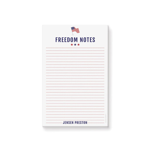 Personalized patriotic notepad with “Freedom Notes” text and American flag design