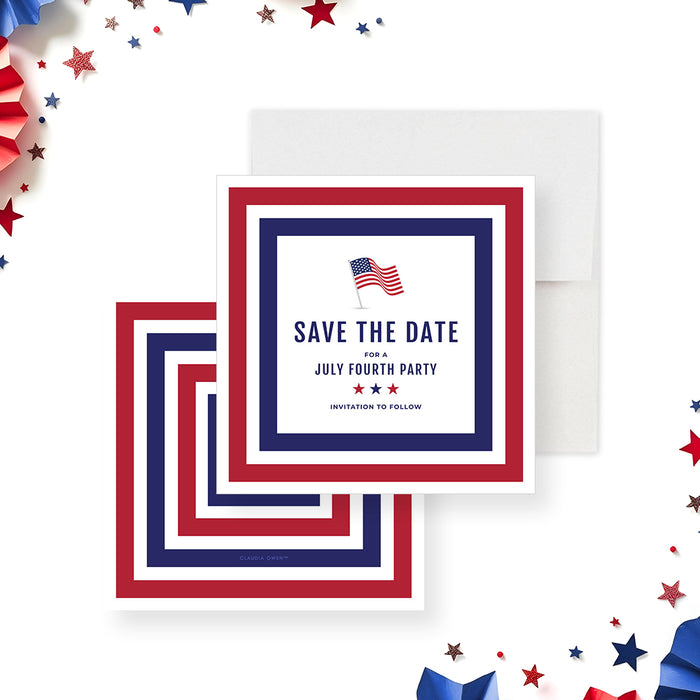 Fourth of July save the date card with red, white, and blue border and American flag design-front-back