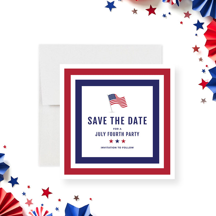 Fourth of July save the date card with red, white, and blue border and American flag design-front