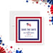 Fourth of July save the date card with red, white, and blue border and American flag design-front