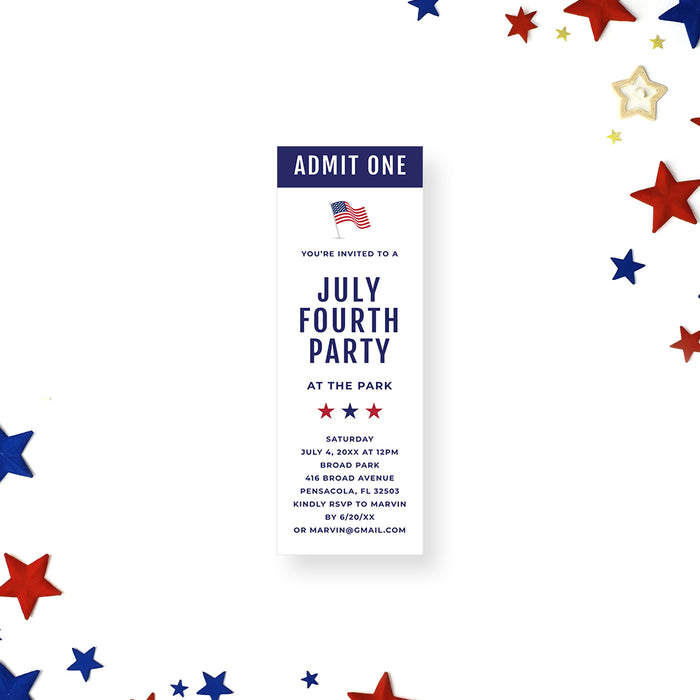 Personalized Fourth of July ticket invitation featuring an American flag and a red and blue star design