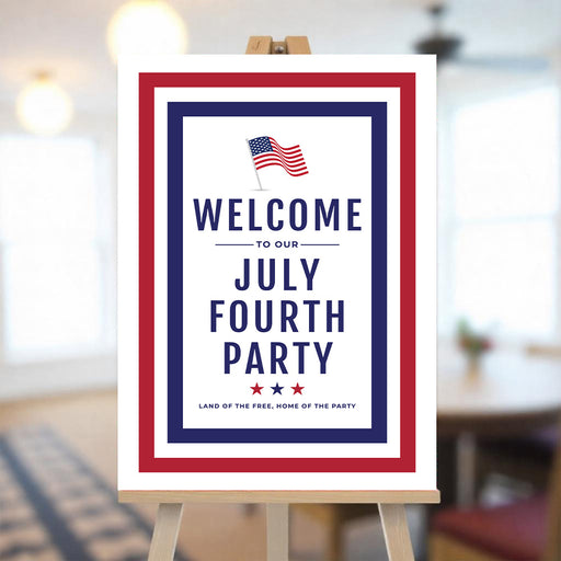 Fourth of July welcome sign with American flag, red white and blue borders, and star design