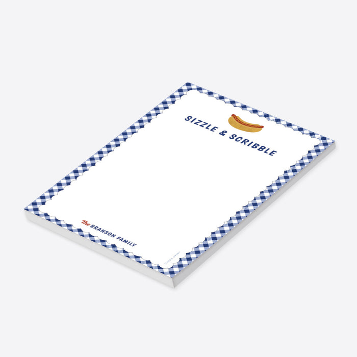 “Sizzle and Scribble” personalized notepad with blue gingham border and hot dog illustration-side