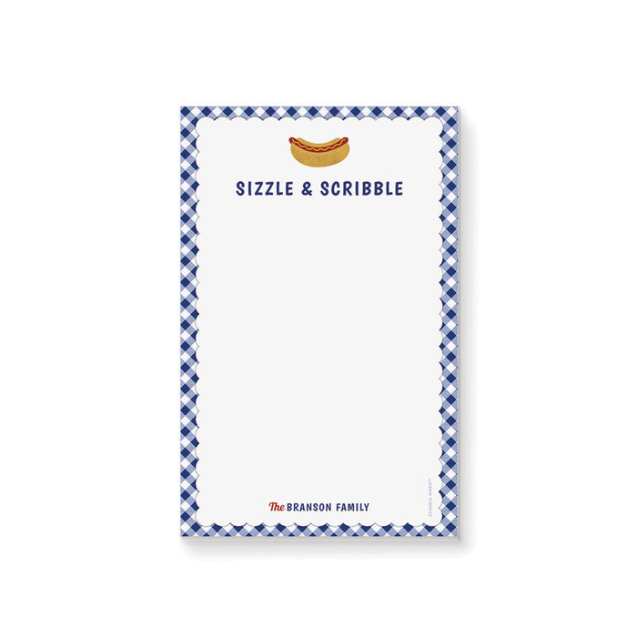 “Sizzle and Scribble” personalized notepad with blue gingham border and hot dog illustration