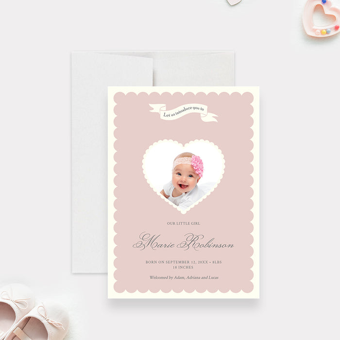 Baby Girl Birth Announcement Template in Blush Pink, Heart Shaped Photo Baby Announcement Card Digital Download