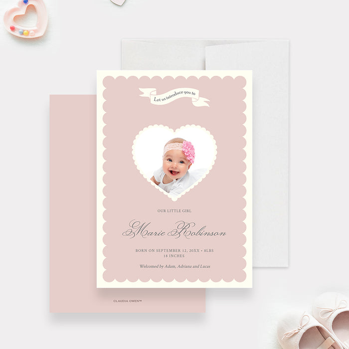 Baby Girl Birth Announcement Template in Blush Pink, Heart Shaped Photo Baby Announcement Card Digital Download