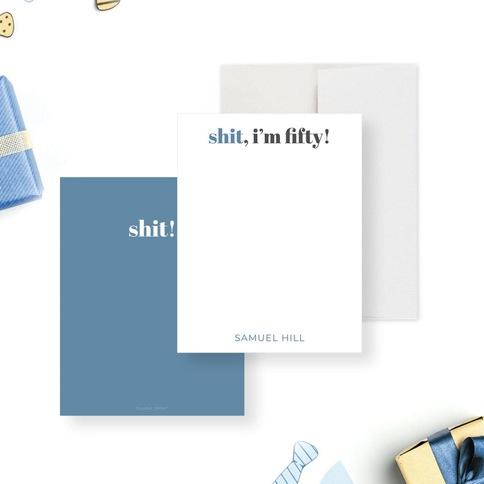 Funny personalized 50th birthday note card with modern typography that reads “shit, i’m fifty!”-front-back