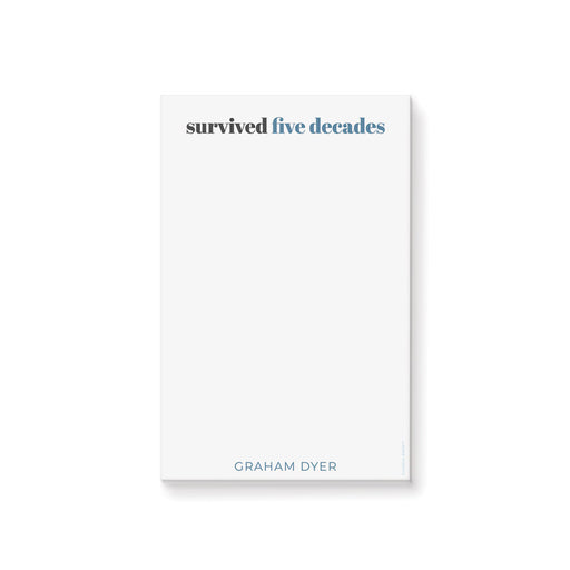 Personalized 50th birthday notepad with modern typography that reads “survived five decades”