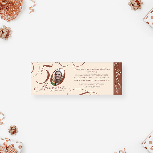 50th birthday photo ticket invitation with custom picture, elegant neutral design, and admit one detail