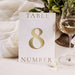 A table number card with the number 8 and the word "TABLE" is placed on a table next to a glass of wine.
