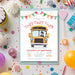 a school bus birthday party with confetti and cupcakes