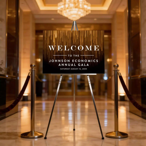 a sign welcoming attendees to the Johnson Economics Annual Gala, which is scheduled for Saturday, August 15, 2017.