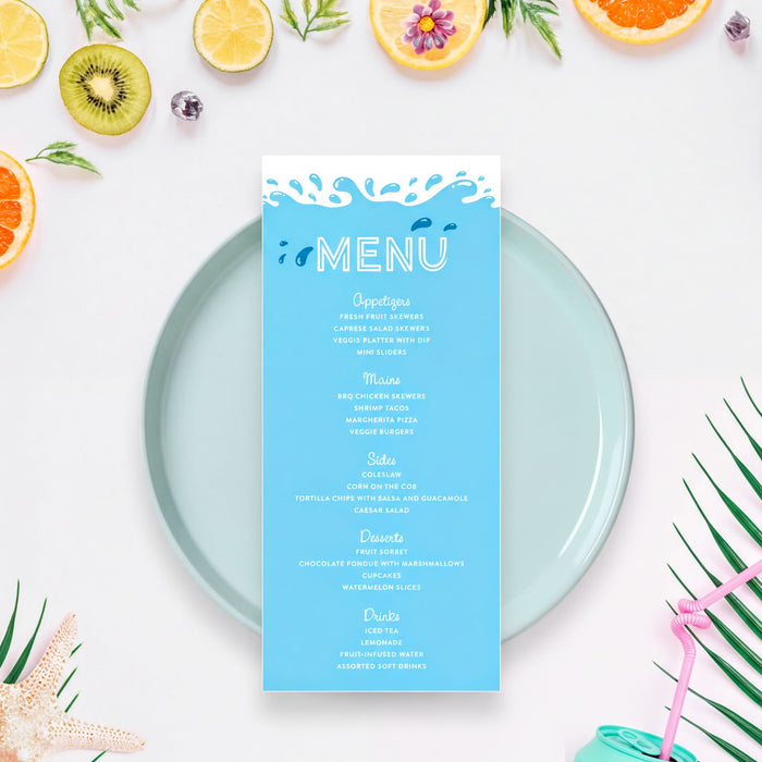 a blue menu with a tropical theme, surrounded by various fruits and a starfish, creating a vibrant and inviting atmosphere.