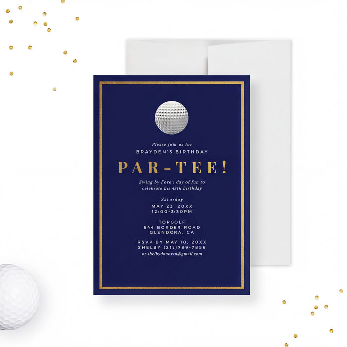 The image is a birthday invitation for a bradyton birthday party, featuring a blue background with gold trim and a white golf ball graphic.