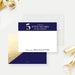 5th Business Anniversary Thank You Cards. Front and matching navy back with a diagonal printed gold section displayed with a white envelope.