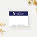 Personalized note card with a white front with a navy header, printed gold 5, and personalized business thank you wording. Shown with a white envelope.
