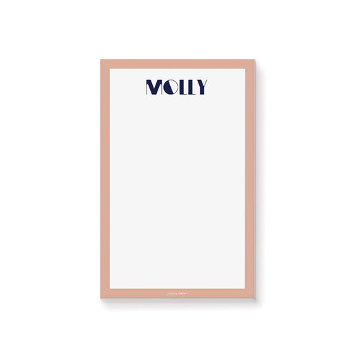 a pink and blue notepad with a name on it