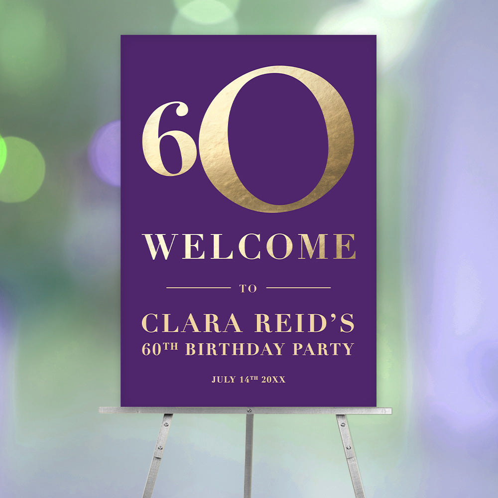 60th Birthday Welcome Sign in Purple and Gold, 60th Business Anniversa