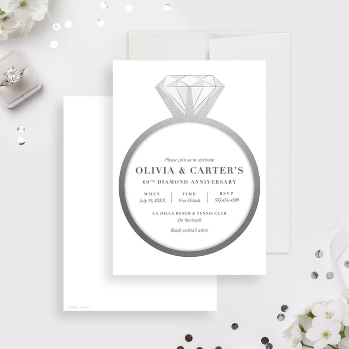 60th wedding anniversary invitation with diamond ring design, classic lettering, gray accents, and personalized celebration details-front-back