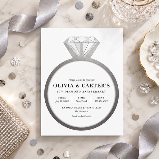 60th wedding anniversary invitation with diamond ring design, classic lettering, gray accents, and personalized celebration details-front