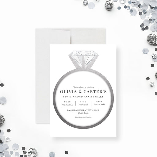 60th wedding anniversary invitation with diamond ring design, classic lettering, gray accents, and personalized celebration details-front